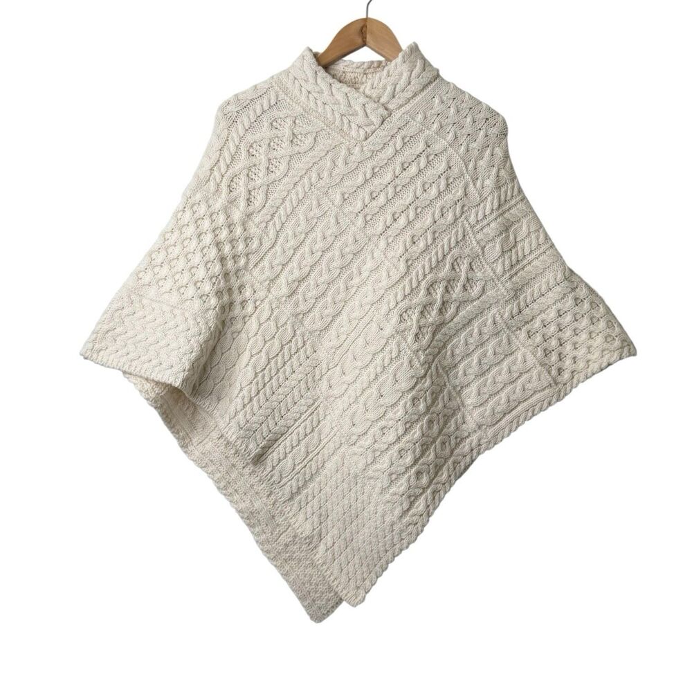 Ireland's Eye Women Chunky Cable Knit Poncho Sweater 100% Virgin Wool Ivory S/M
